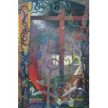 Michael Holland (1947-2002) Oil on canvas Cross amidst barbed wire and debris, framed, 245 x 164cm
