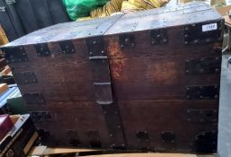 19th century oak and iron bound rectangular trunk, 75cm x 50.5cm