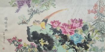 Chinese print of a pair of pheasants on rocky outcrop surrounded by flowers, with inscription and