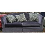 Purple velvet three seat sofa with three scatter cushions, all handmade by Peter Alexander in