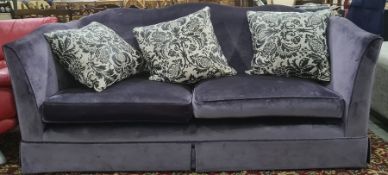 Purple velvet three seat sofa with three scatter cushions, all handmade by Peter Alexander in