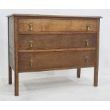 20th century oak chest of three long drawers, on square section supports, 95cm x 76cm Condition