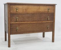 20th century oak chest of three long drawers, on square section supports, 95cm x 76cm Condition