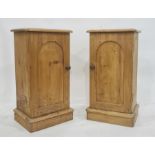 Pair of pine single pot cupboards, the rectangular tops above single arched panelled doors enclosing