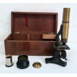 Early 20th century monocular microscope in wooden case