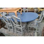 Painted reproduction Regency dining table, six chairs and sideboard painted in blues and grey