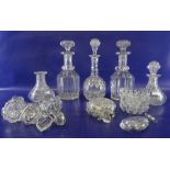 Assorted glass decanters, assorted stoppers, glass bowls, etc