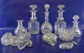 Assorted glass decanters, assorted stoppers, glass bowls, etc