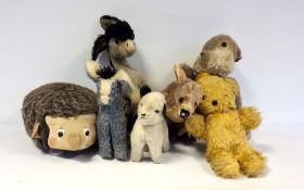 Merrythought kangaroo with label to paw (missing ear), a Merrythought hedgehog with turning feet (