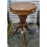 19th century walnut sewing table, the octagonal top lifting to fitted interior, on tapering