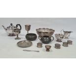 Silver-plated bowl of pierced design, two pewter sugar bowls of hammered design and various other