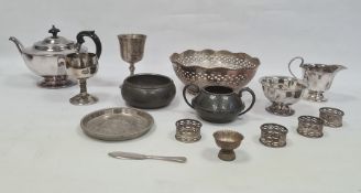 Silver-plated bowl of pierced design, two pewter sugar bowls of hammered design and various other