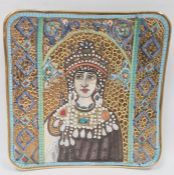 Italian pottery dish of square form, decorated with a woman on a gold ground, in a Byzantine