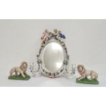 Late 19th century Sitzendorf porcelain oval mirror with candle sconces, decorated with a pair of