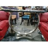 Pair of Villiers Omega console tables, black marble bow fronted tops on steel circular pedestal