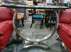 Pair of Villiers Omega console tables, black marble bow fronted tops on steel circular pedestal