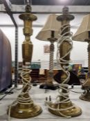 Pair of brass table lamps of baluster form, 53 cms to the top of the light fitting and 46.5 to the