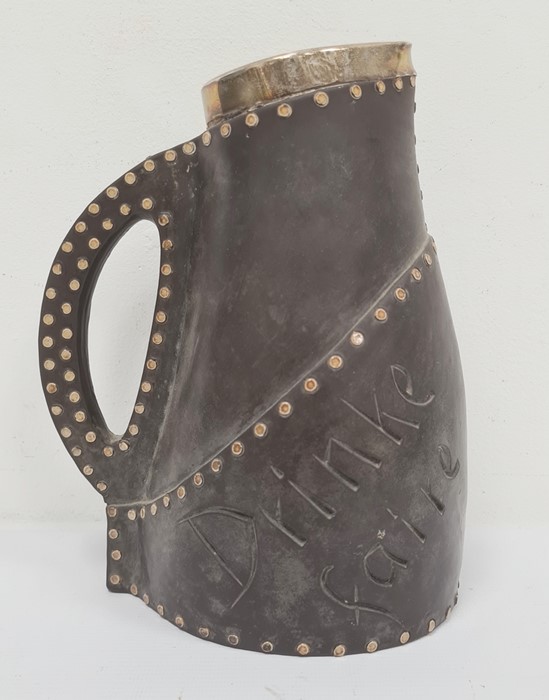 Doulton silver-mounted jug, leather studded-effect, marked 'Drinke Faire Dont Sware'', with silver - Image 3 of 6