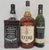 One bottle of Glenfiddich 12 year old Single Malt Whisky, a 1.5 litre bottle Jack Daniels