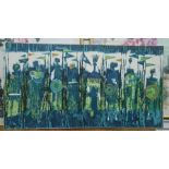 Textile panel, by Tibor Reich, The Age of Kings, in blue/green colourway, mounted on board, 65 x