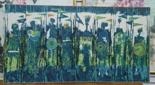 Textile panel, by Tibor Reich, The Age of Kings, in blue/green colourway, mounted on board, 65 x