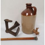 Stoneware flagon, a shoe last and a malacca cane with silver top (3)