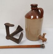 Stoneware flagon, a shoe last and a malacca cane with silver top (3)