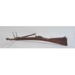 Crossbow with mahogany stock , 72 cms length, 71 cms wide, trigger mechanism jammed, no cord/string,
