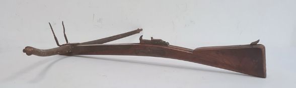 Crossbow with mahogany stock , 72 cms length, 71 cms wide, trigger mechanism jammed, no cord/string,