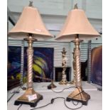 Pair of wood painted table lamps with twist stem, acanthus leaf design, with lampshades 55cm tall