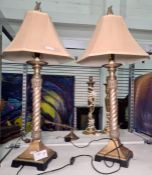 Pair of wood painted table lamps with twist stem, acanthus leaf design, with lampshades 55cm tall