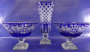 Pair of blue glass pedestal bowls of circular form with flash cut floral decoration, on stepped