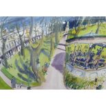 Ian Weatherhead (1932-) Watercolour  View of a park with statue and bandstand in Cheltenham,