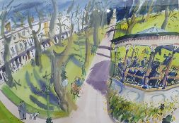 Ian Weatherhead (1932-) Watercolour  View of a park with statue and bandstand in Cheltenham,