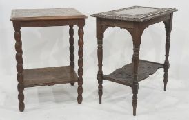 Pokerwork oak table having floral and foliate carved top, on bobbin supports and undershelf and a