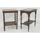 Pokerwork oak table having floral and foliate carved top, on bobbin supports and undershelf and a