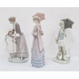 Lladro figure of a lady with parasol, 26cm high, a Lladro figure of a young girl with ducks and