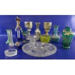 Pair of silvered glass goblets with painted decoration, 21cm high, another similar vase, a blue