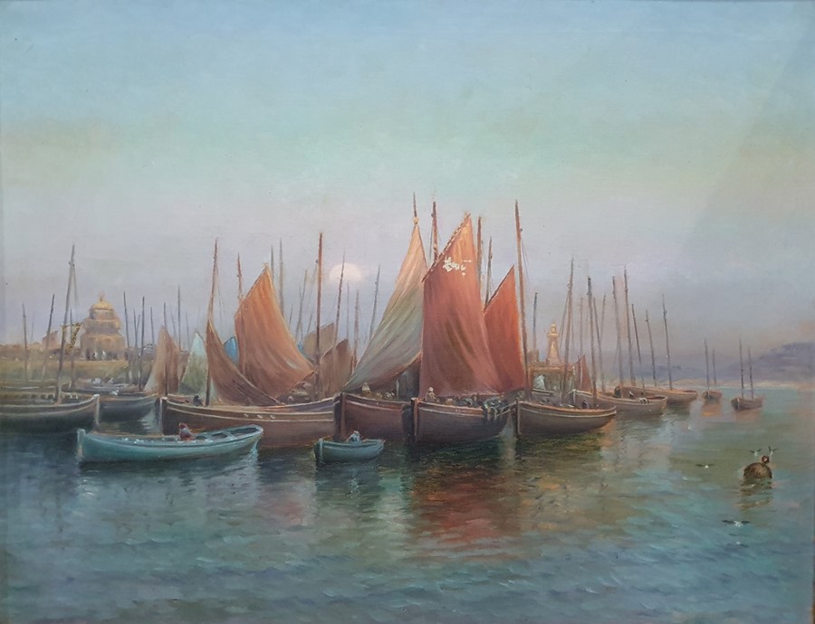 British school (19th century)  Continental harbour scene with sailing boats, 92cm x 112cm in Art - Image 3 of 4