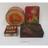 Quantity of vintage tins including OXO Cubes, a Peek Frean & Co coronation tin, a leather stamp