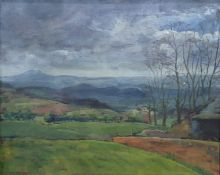 British, 20th century Oil on canvas View from Woodbury Hill towards ?? into Wales, titled verso