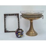 Brass picture frame decorated with enamel scrolls and applied paste, 26.5 x 21.5cm, a brass bowl,