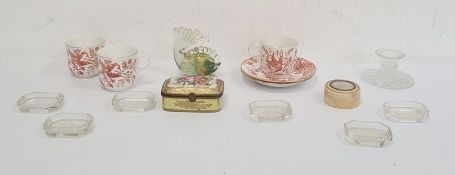 Royal Crown Derby 'Red Aves' three teacups and a pair of matching saucers, an ivy circular trinket