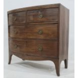 19th century mahogany bowfront chest of two short over two long drawers, on splayed feet, 85cm x