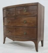 19th century mahogany bowfront chest of two short over two long drawers, on splayed feet, 85cm x