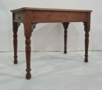 Pine topped rectangular table with rounded corners, single drawer, on turned supports, 105.5cm x