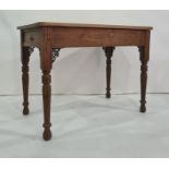 Pine topped rectangular table with rounded corners, single drawer, on turned supports, 105.5cm x