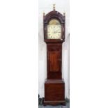 Mahogany longcase clock, the painted dial with church scene, Roman numerals, three brass globe