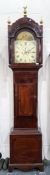 Mahogany longcase clock, the painted dial with church scene, Roman numerals, three brass globe