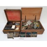 Oak case and contents of lantern slides, a pine box and contents of lantern slides, including